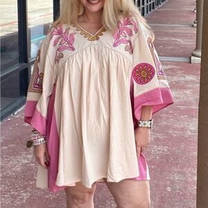 Easel Boho Pink and Cream Embroidered Dress